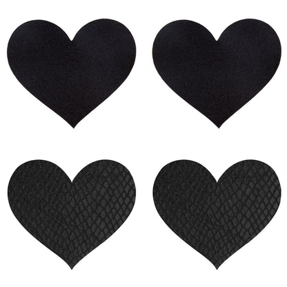 Black heart-shaped nipple covers with a smooth finish, fun peekaboo accessories for your outfit.