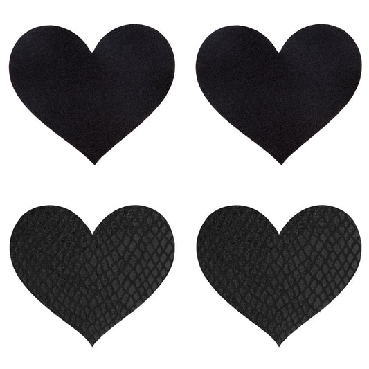 Black heart-shaped nipple covers with a smooth finish, fun peekaboo accessories for your outfit.