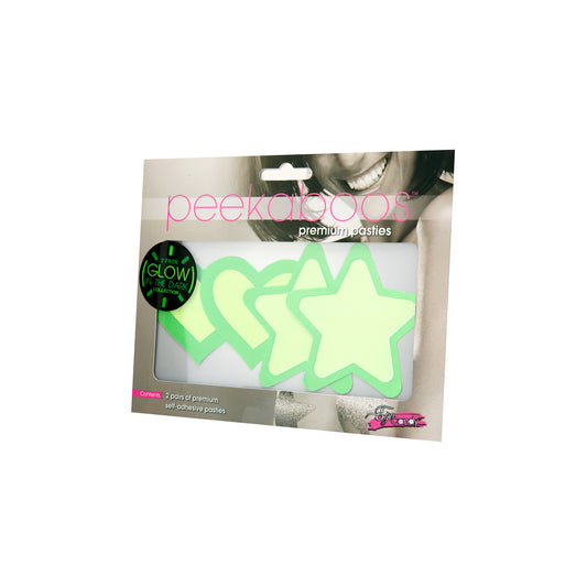 Pair of Peekaboo glow in the dark nipple covers, round pasties in a novelty style.