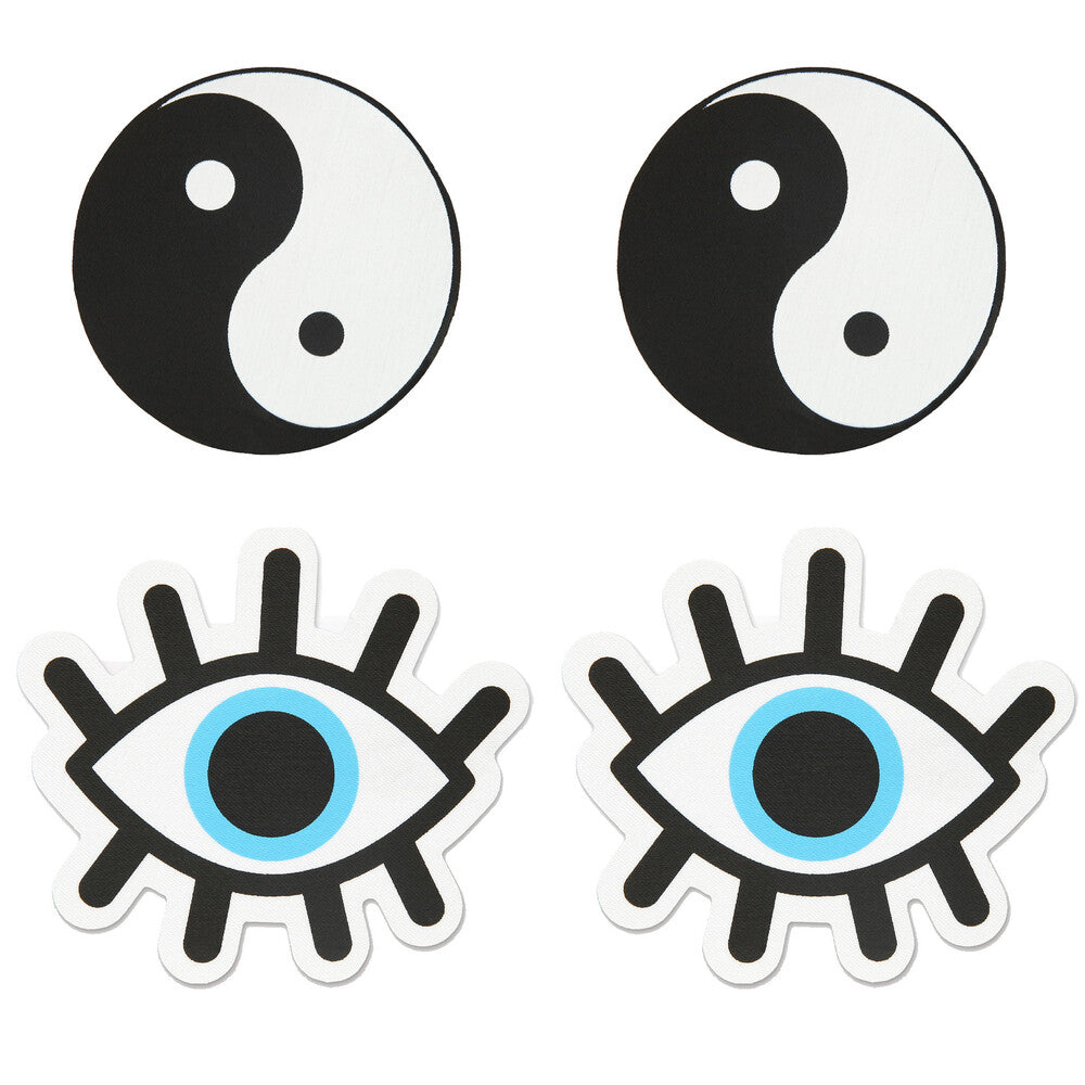 Peekaboo Pasties Yin and Yang nipple covers, a pair of black and white accessories.