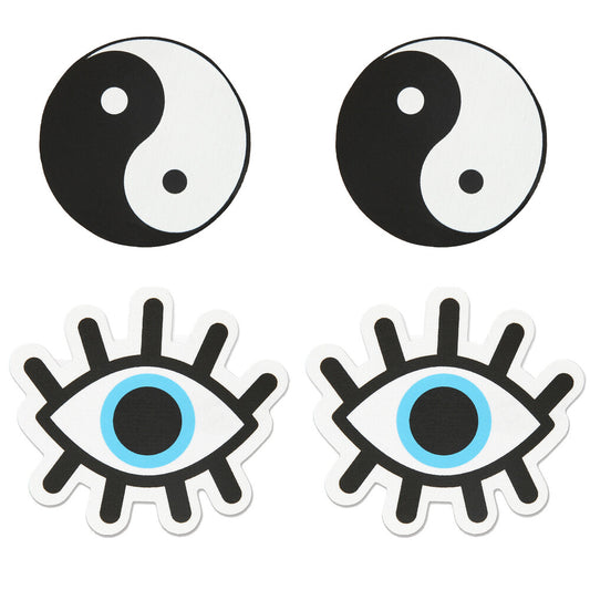 Peekaboo Pasties Yin and Yang nipple covers, a pair of black and white accessories.