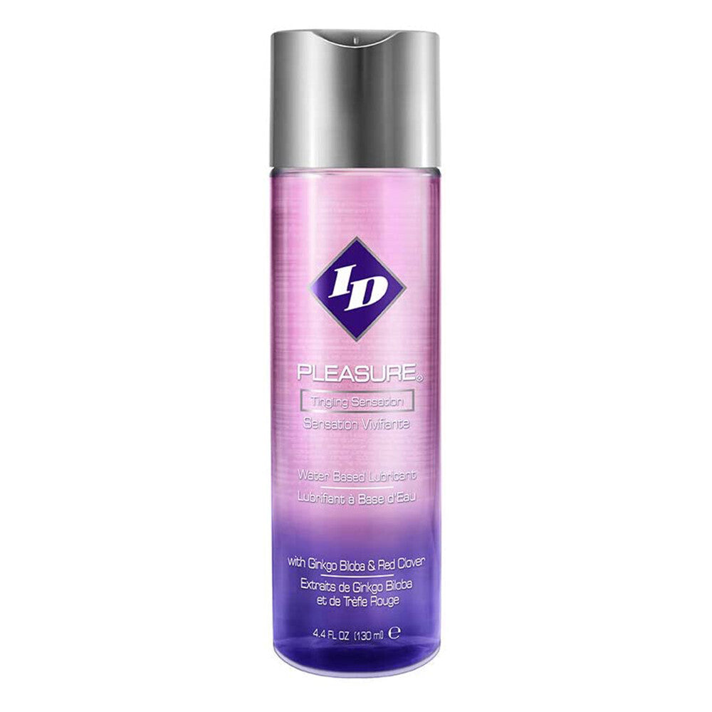 A bottle of id pleasure lubricant, a clear gel designed for intimate use.