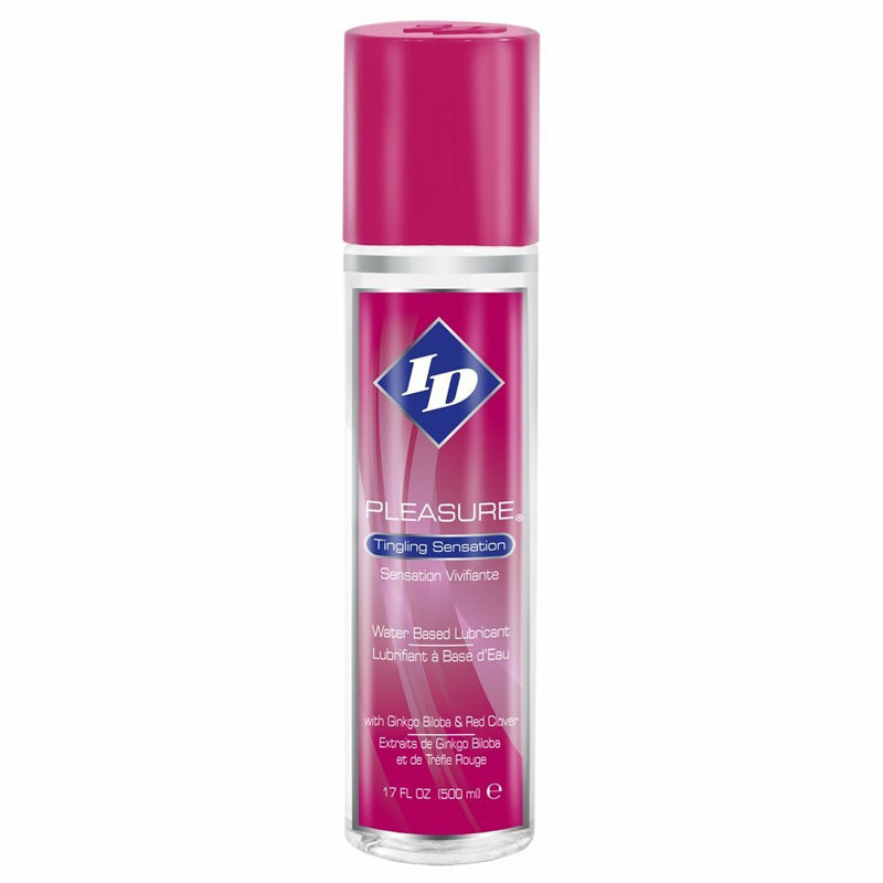 Seventeen ounce bottle of id pleasure lubricant, a clear liquid for enhanced intimacy.