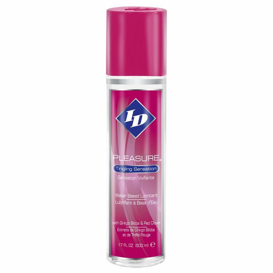Seventeen ounce bottle of id pleasure lubricant, a clear liquid for enhanced intimacy.