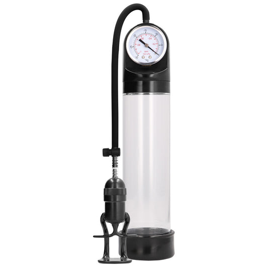 shots toys deluxe penis pump with clear cylinder and advanced pressure gauge.