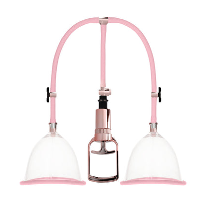 Close-up of a medium-sized rose gold female breast pump by Shots Toys.