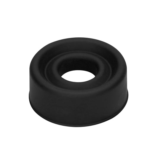 Close-up of a large black silicone sleeve designed for use with penis pumps.