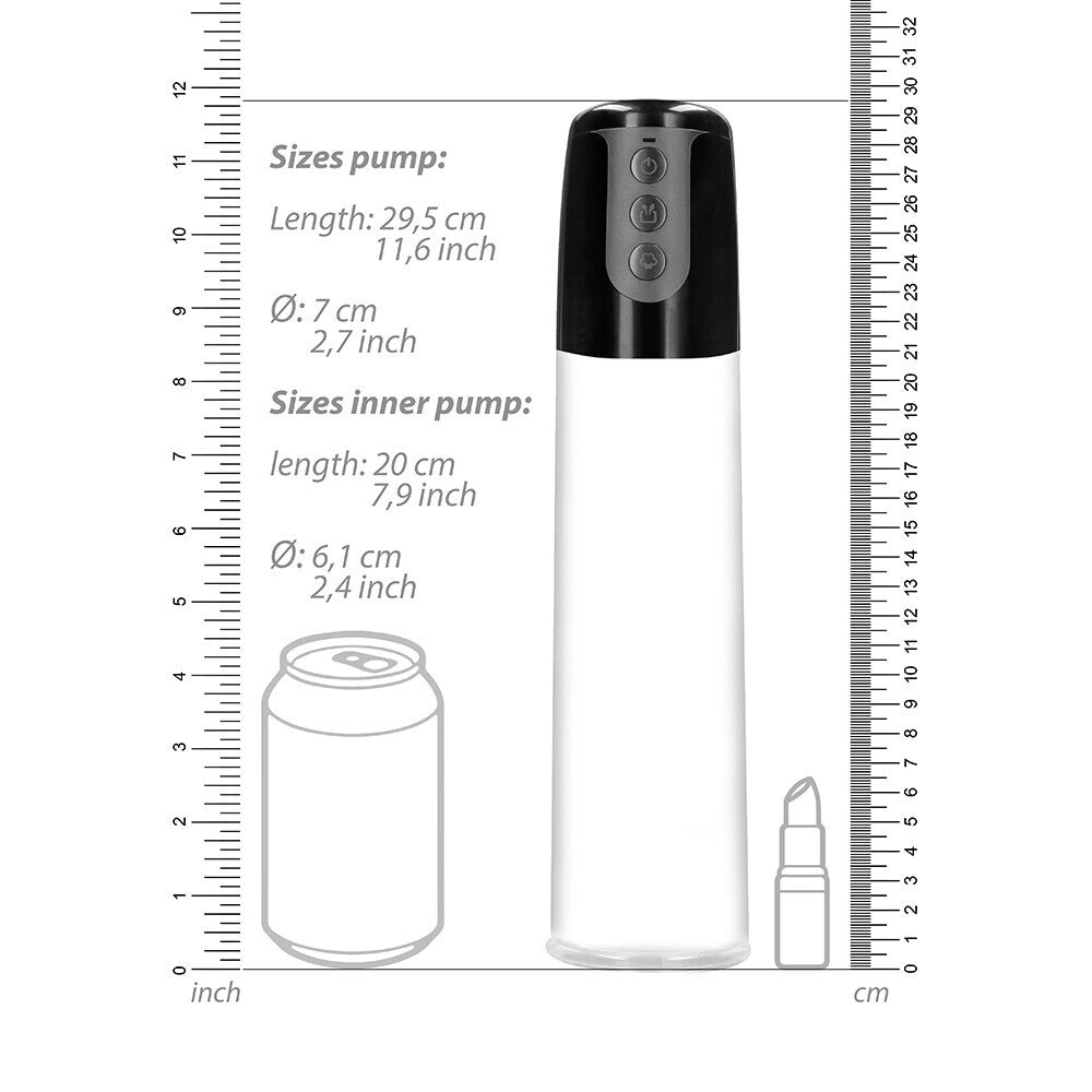 Shots Toys pumped automatic cyber pump, a transparent and black penis enlargement device.