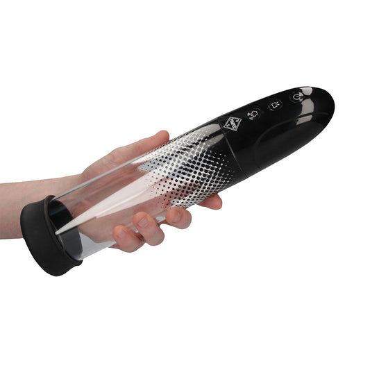 shots toys black automatic rechargeable penis pump for length and girth enhancement