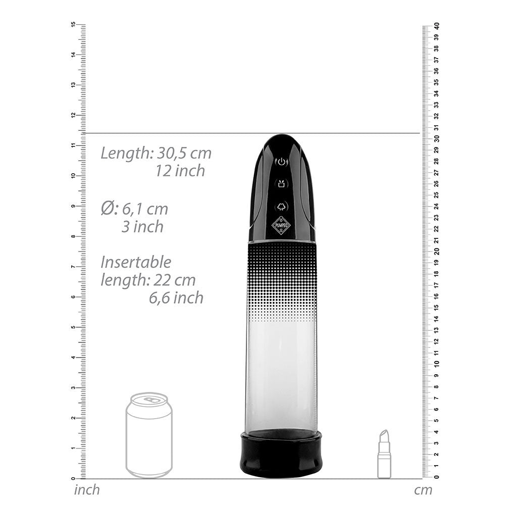 shots toys automatic rechargeable penis pump in black plastic with clear cylinder.
