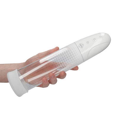 shots toys pumped automatic rechargeable penis enlargement pump, clear cylinder with black detailing.