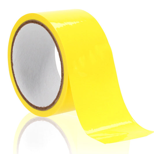 Bright yellow, heavy-duty bondage tape from Shots Toys, ideal for kinky novelties.