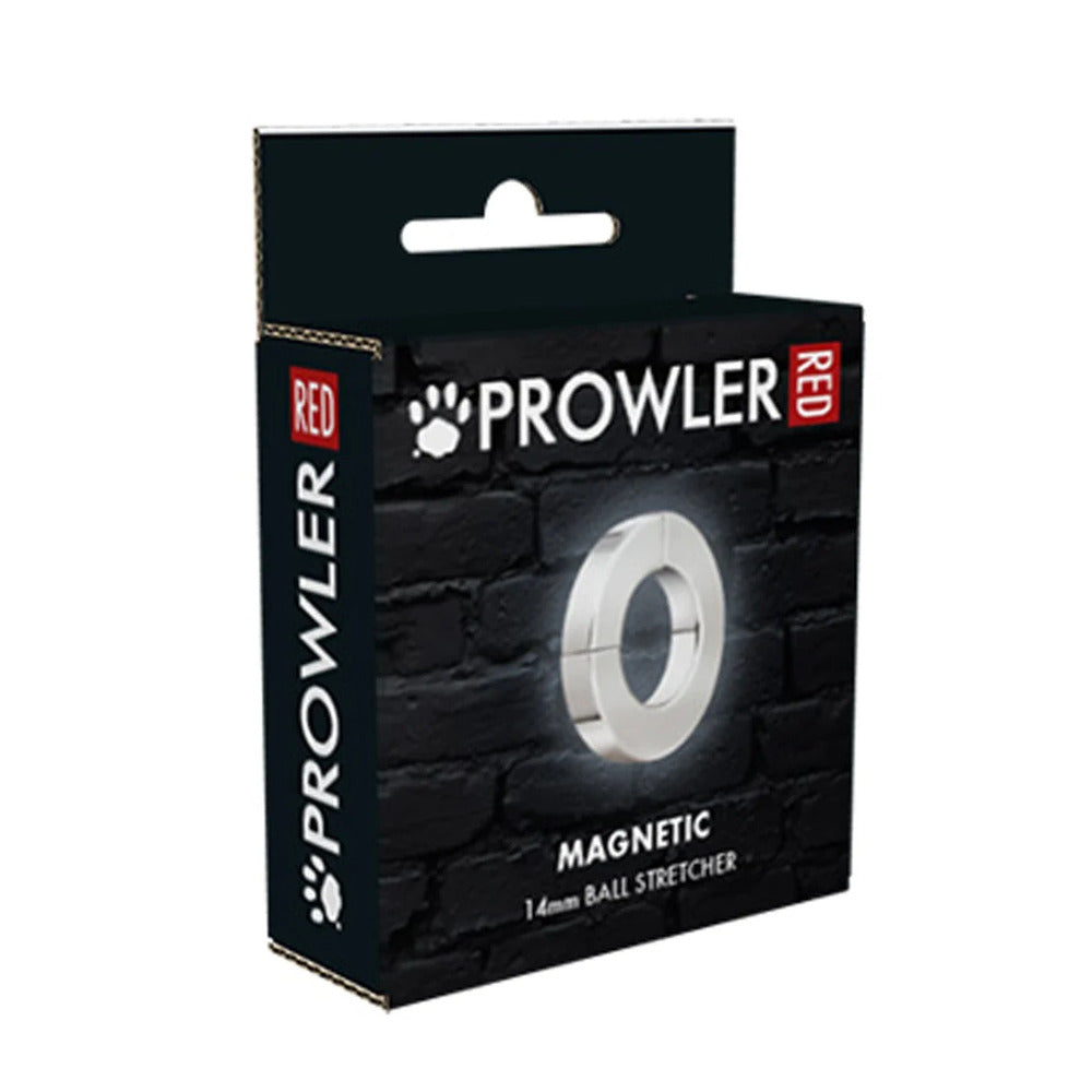 Prowler red magnetic 14mm ball stretcher, a cock ring for bondage play, close-up.