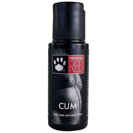Red Prowler cum lubricant in a small bottle, a water-based personal lube.