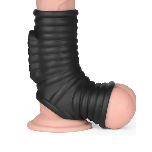 Lovetoy wave penis sleeve, vibrating scrotum enhancer in a textured, skin-safe material.