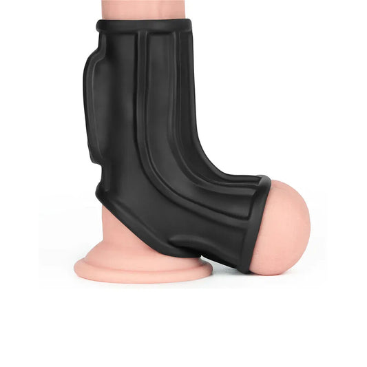 Lovetoy ridge penis sleeve, vibrating with scrotal support, for enhanced pleasure, realistic texture