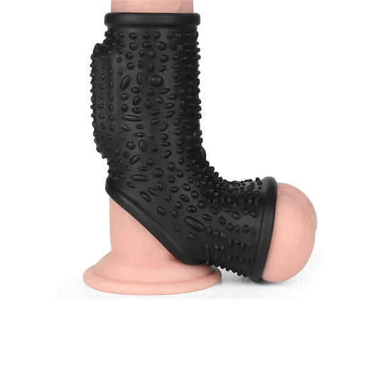 Lovetoy vibrating penis and scrotum sleeve, textured for extra stimulation, in a skin-safe material.