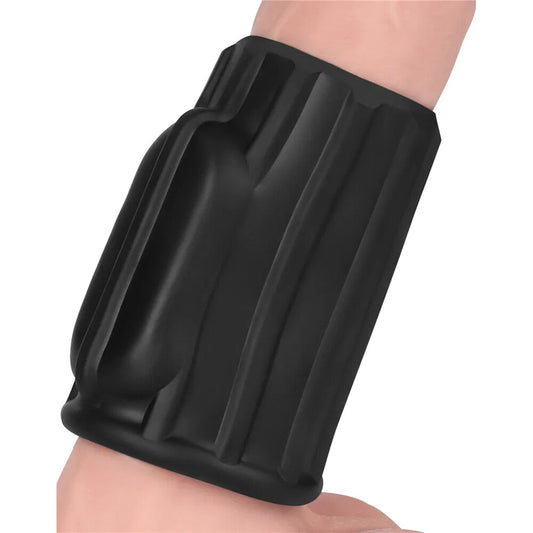 Textured vibrating penis and scrotum sleeve, ridge design, flesh-toned material, enhancing male pleasure.