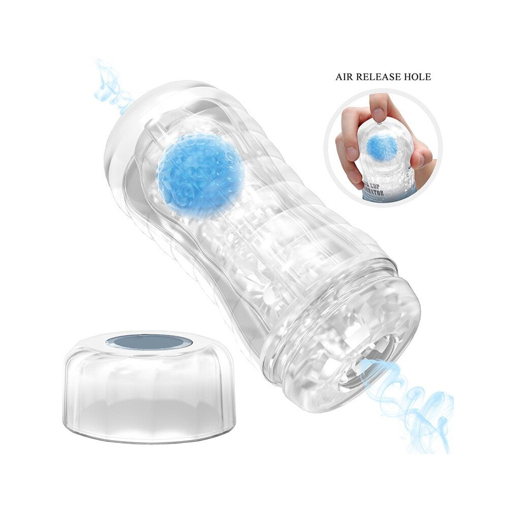 Close-up of the pretty love plant blue vacuum masturbator, a textured sex toy.