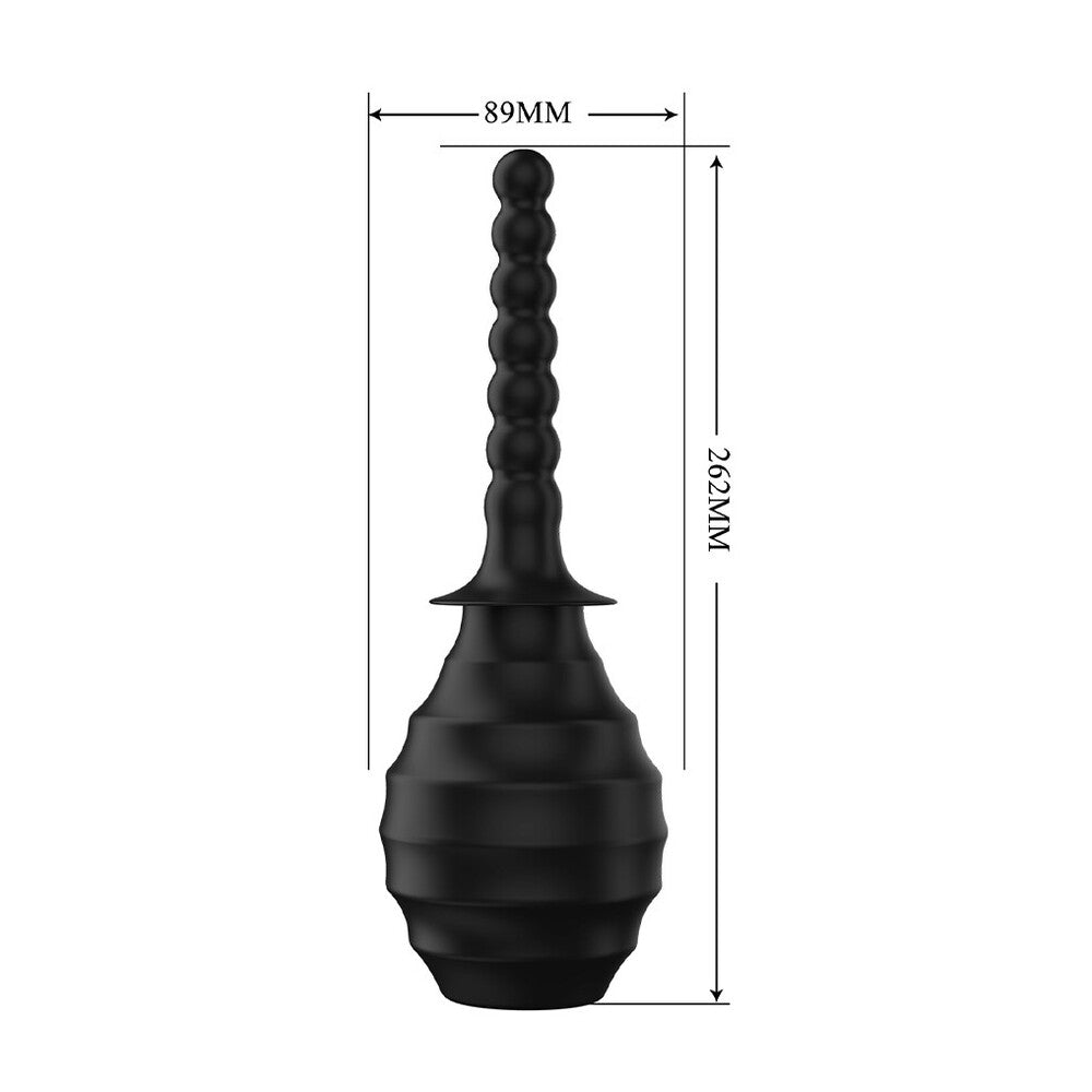 pretty love mr play black enema bulb for personal hygiene, seen at an angle.