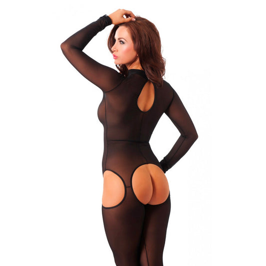 Rimba sensual black catsuit with open crotch detail, perfect for intimate evenings.