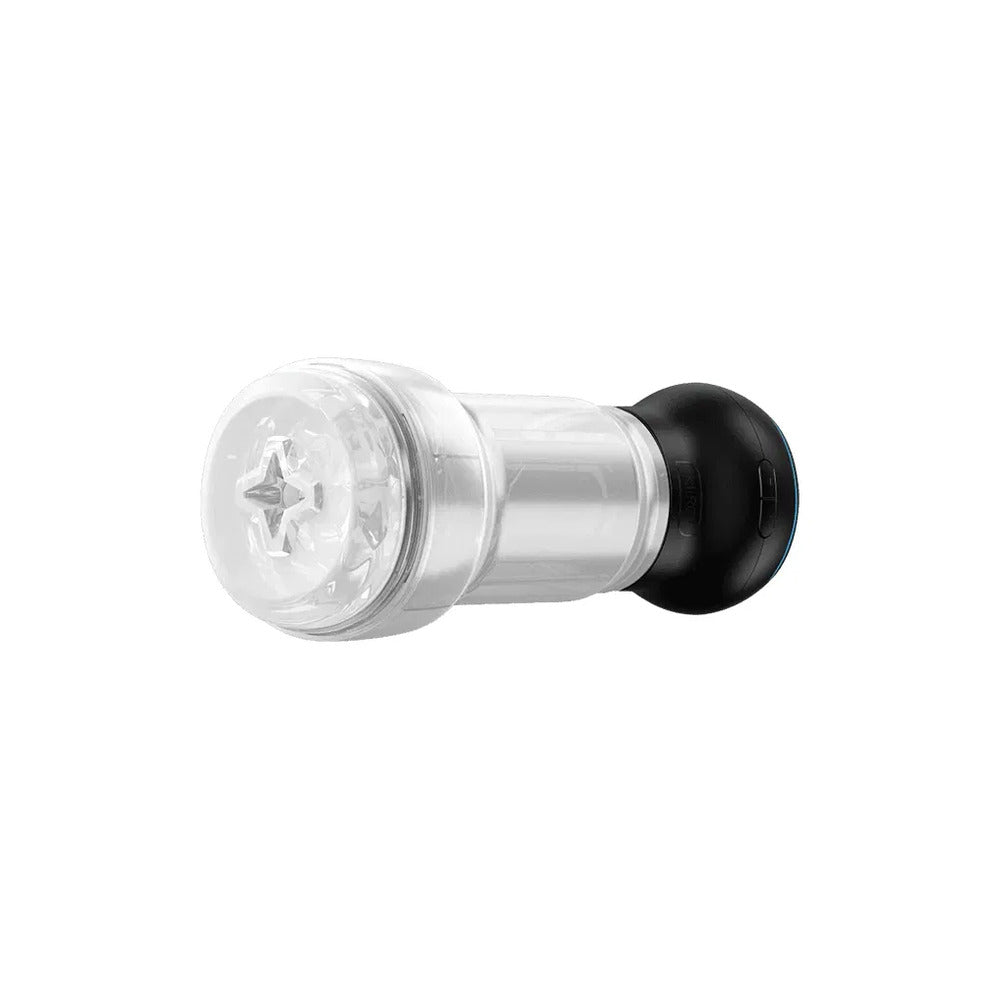 Kiiroo Pocket Powerblow masturbator, a textured, black and silver vibrating toy for men.