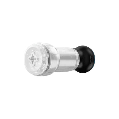 Kiiroo Pocket Powerblow masturbator, a textured, black and silver vibrating toy for men.