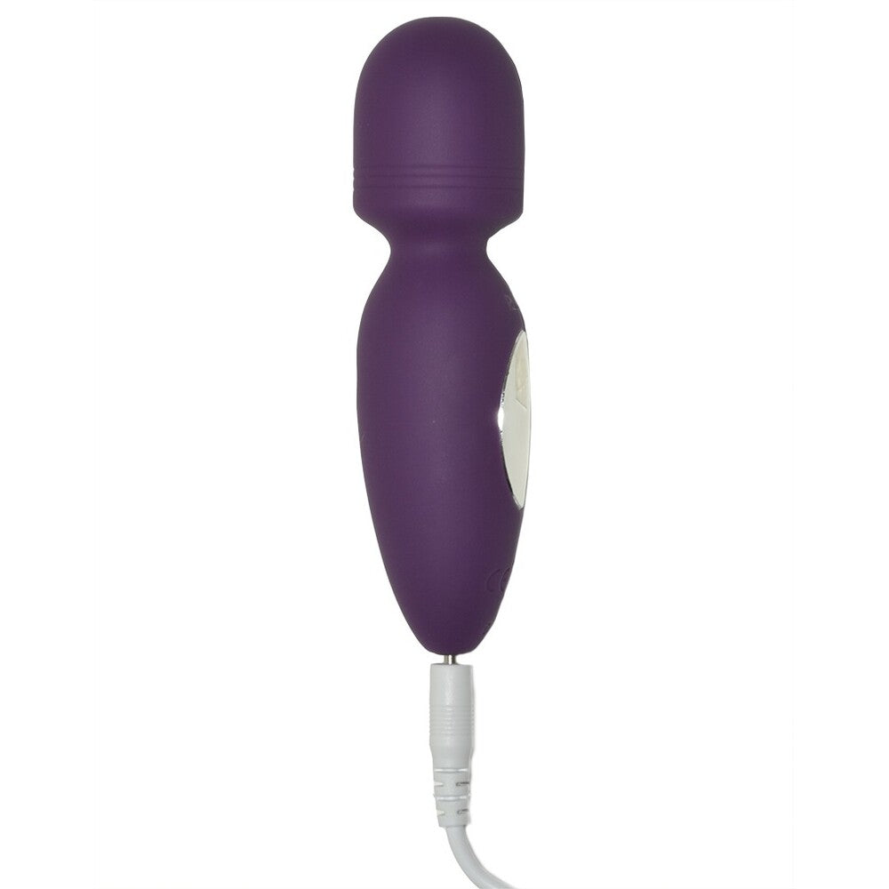 Close-up of a small, purple Rimba Valencia wand vibrator massager, smooth finish.