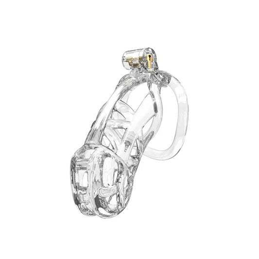 rimba pcage pc11 large transparent male chastity device; clear plastic, curved design.