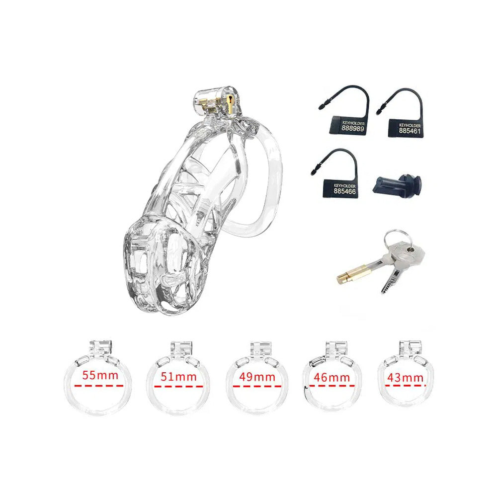 rimba pcage pc11 large transparent male chastity device, showing its clear plastic construction.
