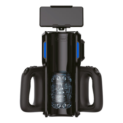 Leten super thrusting vibrating masturbator with phone mount, black and silver, for solo play.