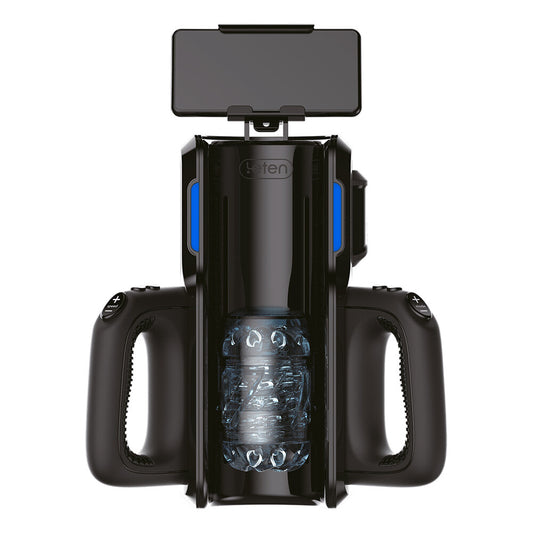 Leten super thrusting vibrating masturbator with phone mount, black and silver, for solo play.