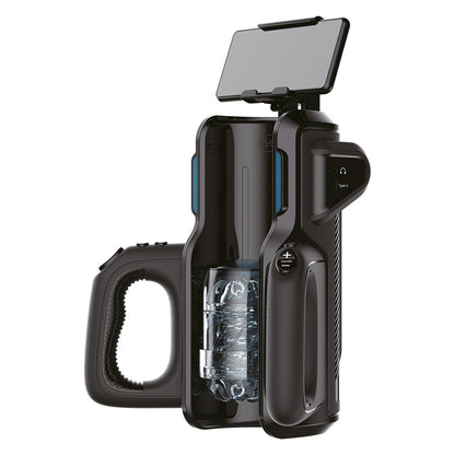 Leten super thrusting vibrating masturbator with phone mount, flesh-toned silicone, for solo pleasure.