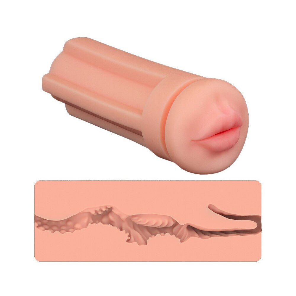 Lovetoy pleasure brew cream ale mouth masturbator, skin-toned silicone with textured interior for solo fun.