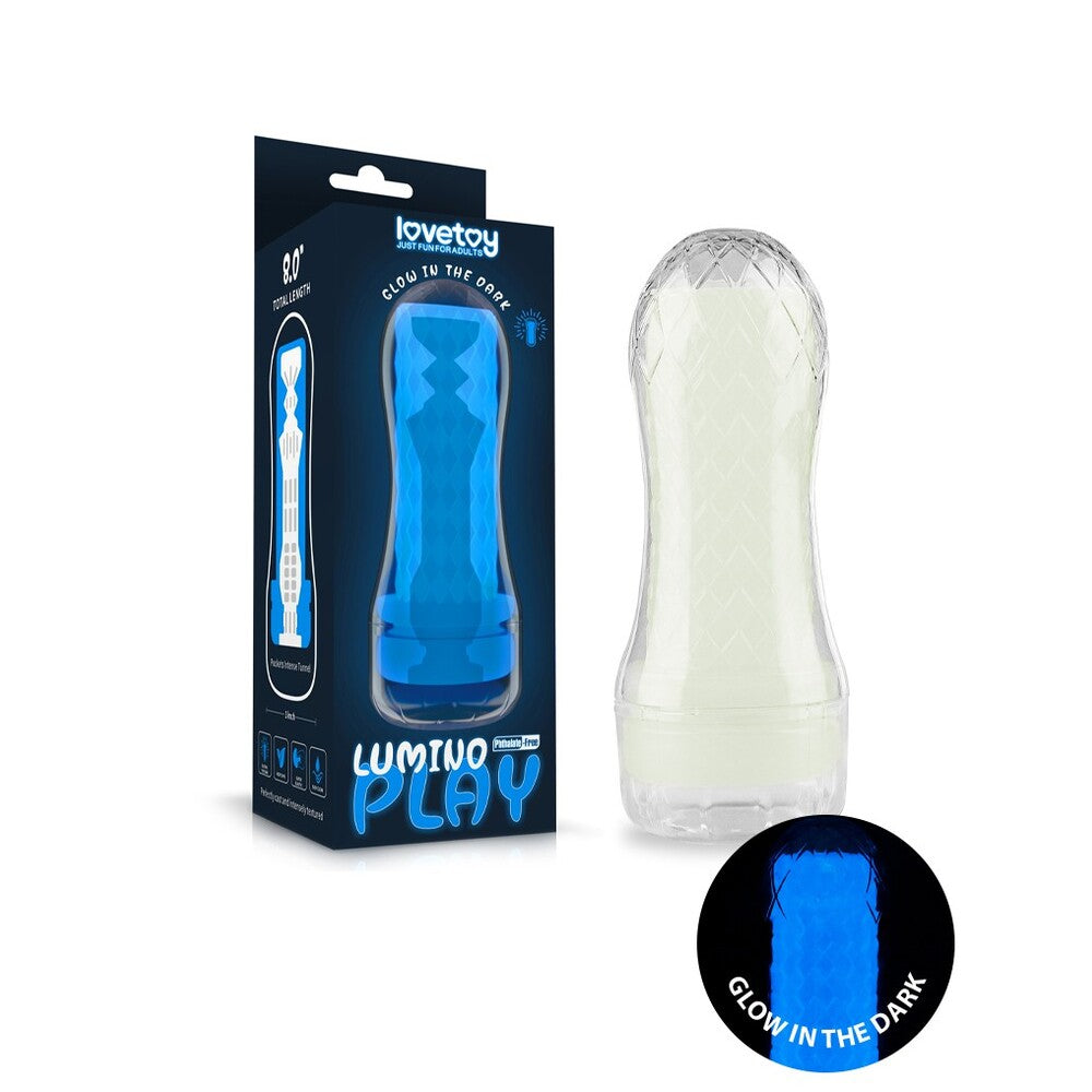 Lovetoy lumino play masturbator 1, glow in the dark, for solo pleasure, textured sleeve.