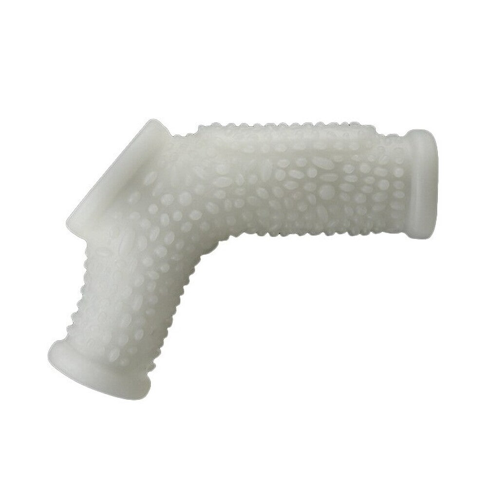 Close-up of a vibrating penis sleeve in translucent material, the Lovetoy drip knights ring.