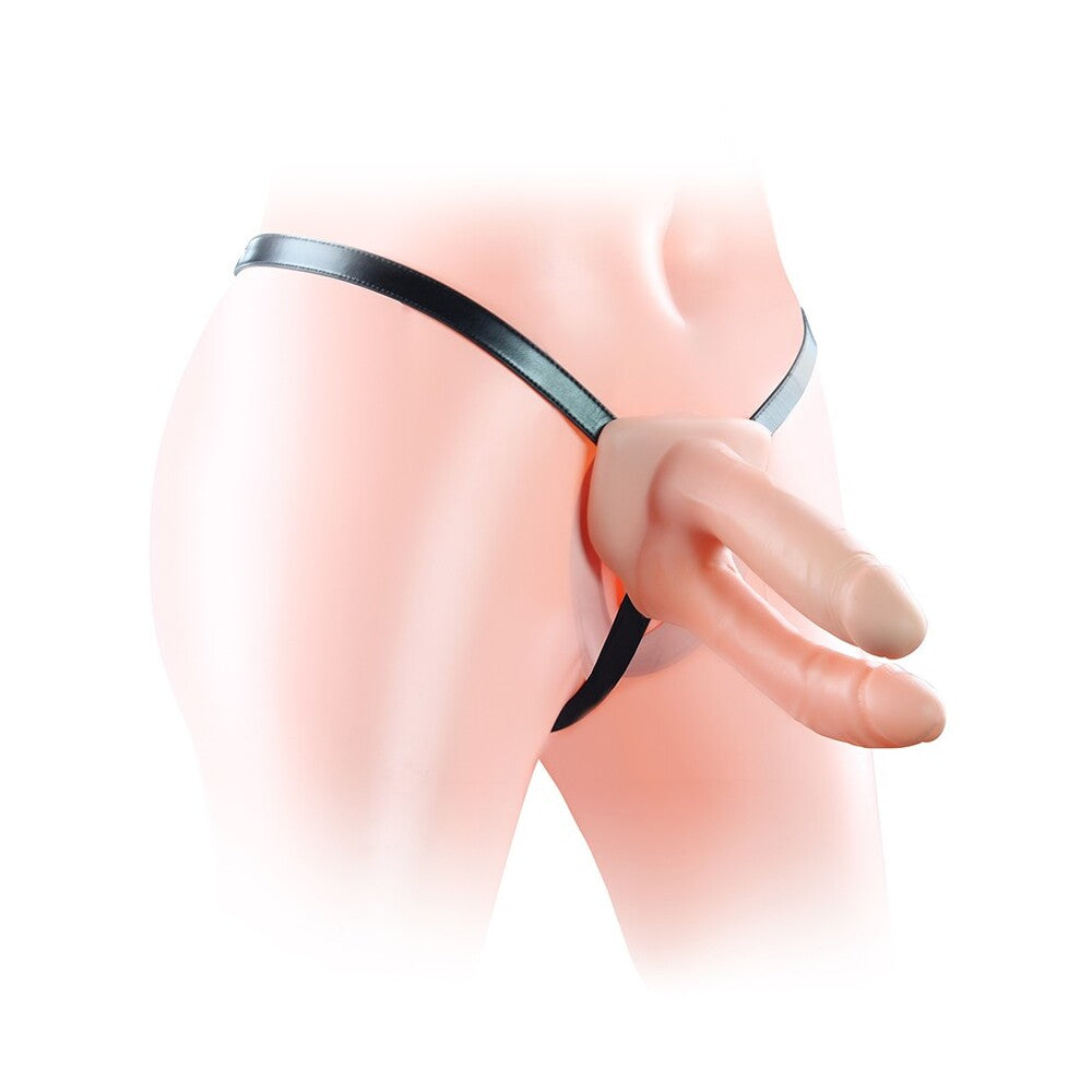 Lovetoy hollow double strap on, black silicone, six inches, for couple's fun.