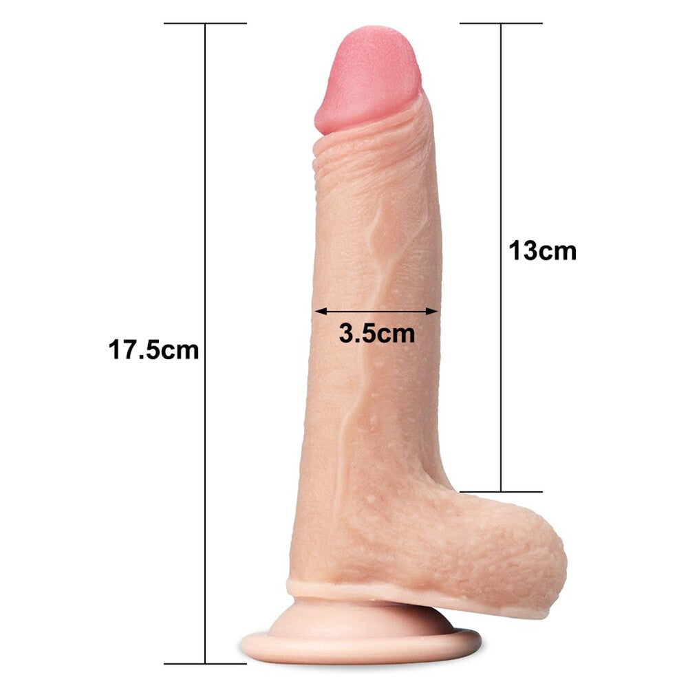 Realistic, seven-inch sliding skin dildo by Lovetoy, showing lifelike texture and natural colour.