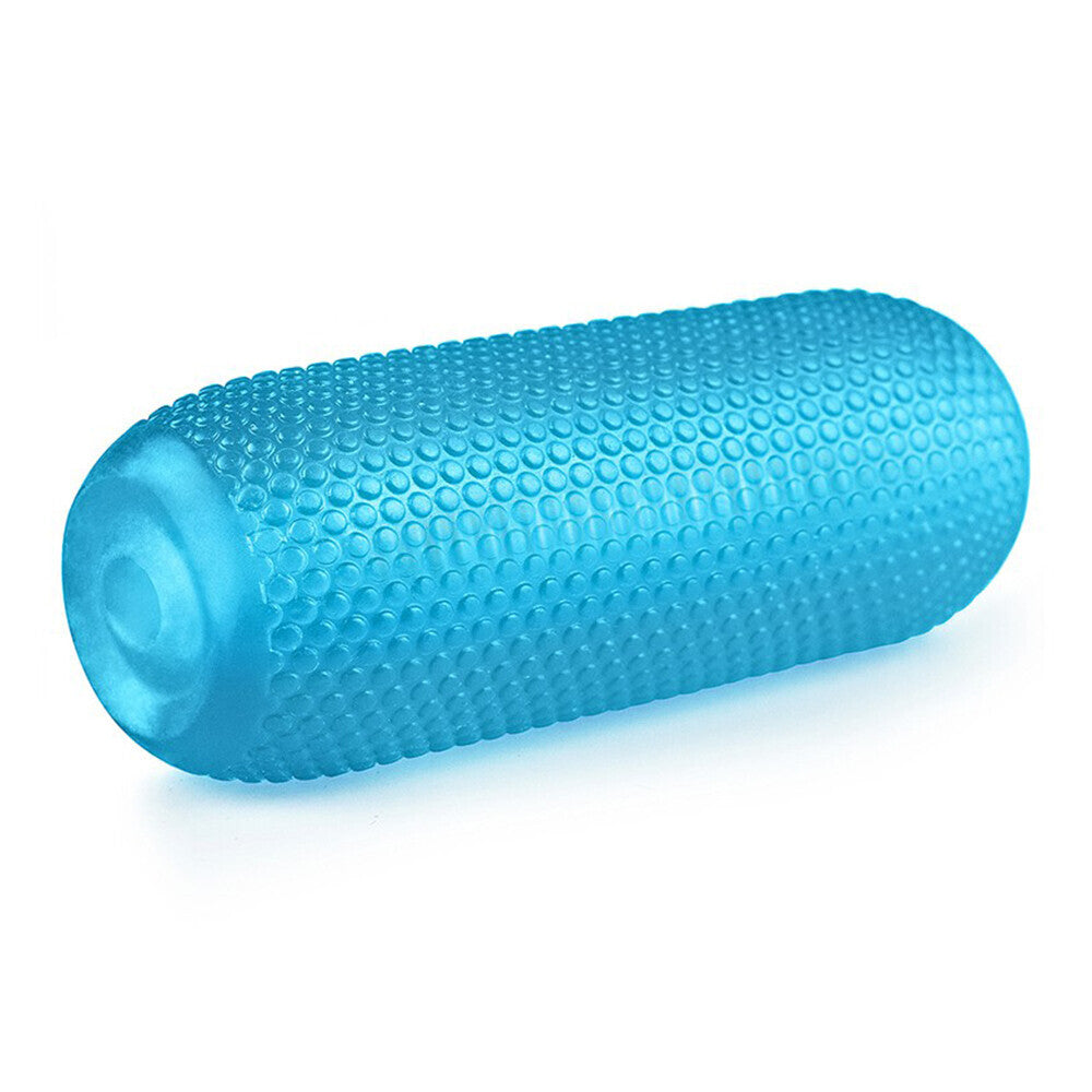 Blue lovetoy training master masturbator showing textured interior, for male pleasure and practice.