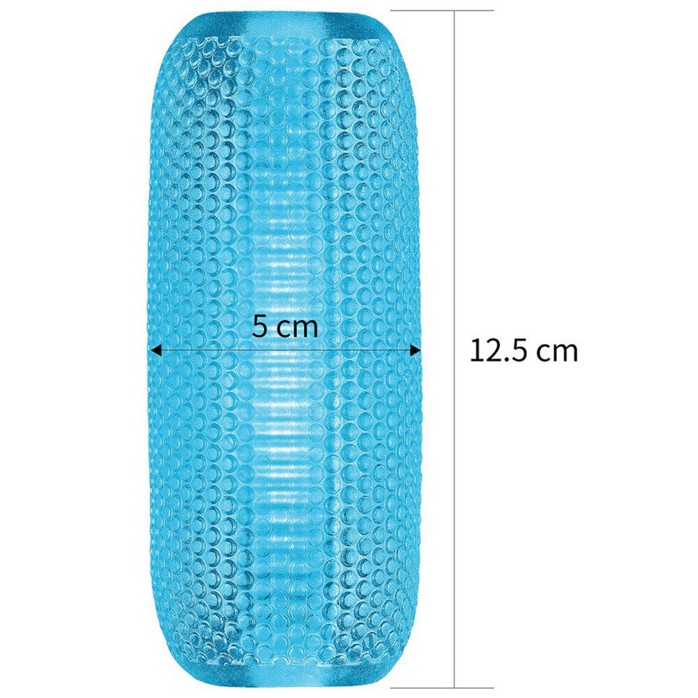 A blue training master masturbator from various toy brands, ribbed for enhanced pleasure.