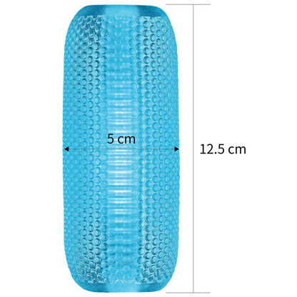 A blue training master masturbator from various toy brands, ribbed for enhanced pleasure.