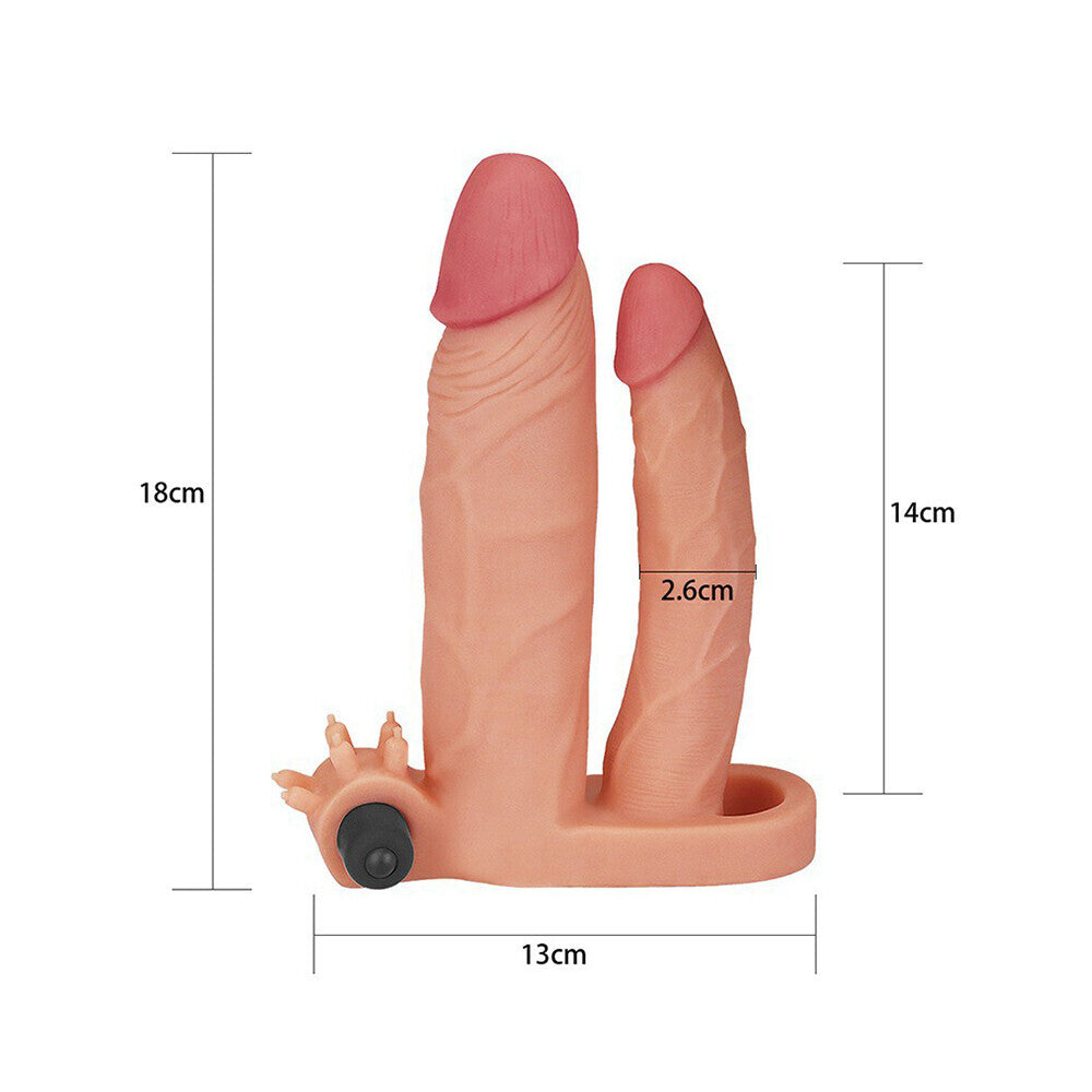 Lovetoy vibrating penis extender, one inch, for added pleasure, flesh-toned silicone.