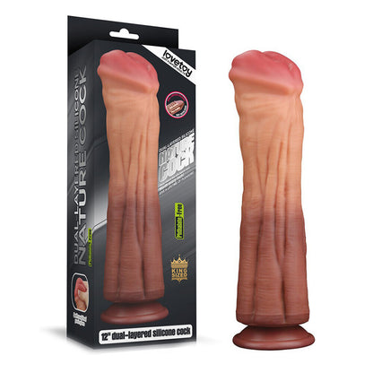 Dual-layered, 12-inch horse cock dildo made of smooth silicone, realistic detail in pink.