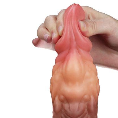 Close-up of a dual-layered, realistic 7-inch silicone dildo in a lifelike colour.
