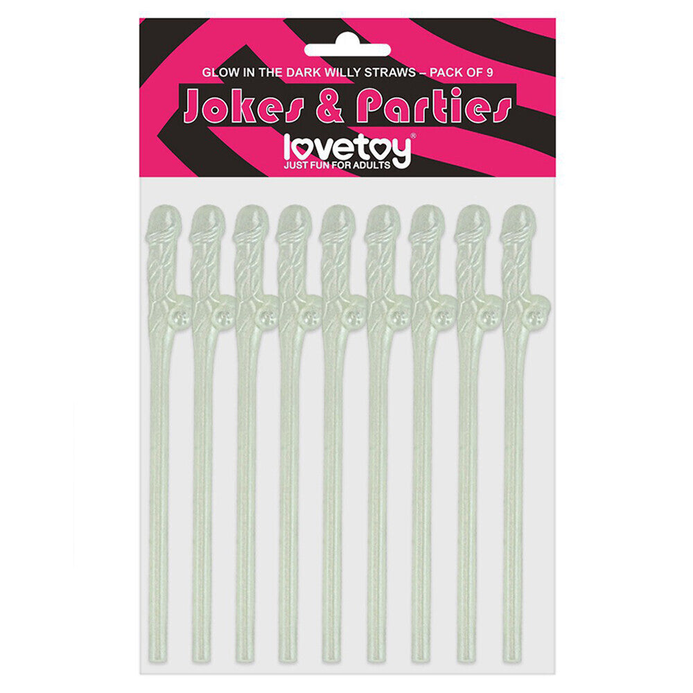 Pack of nine glow-in-the-dark willy straws, novelty drinking straws for hen and stag nights.