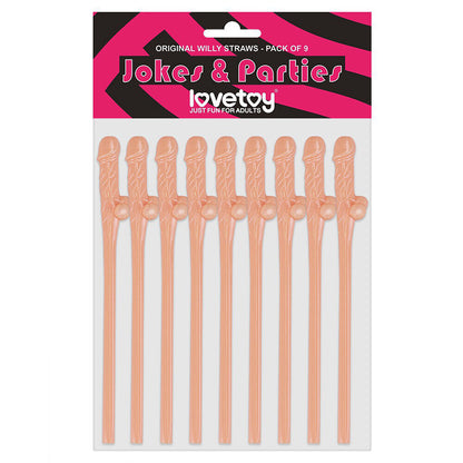 Pack of nine flesh pink willy straws, perfect for hen and stag night fun.
