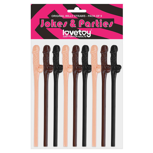 Pack of nine willy straws in black, brown, and pink for hen and stag nights.