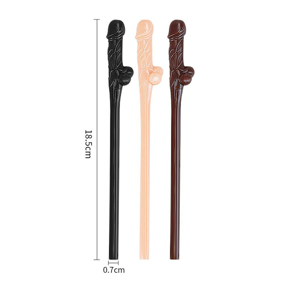 A pack of nine willy straws in black, brown and pink, ideal for hen and stag nights.
