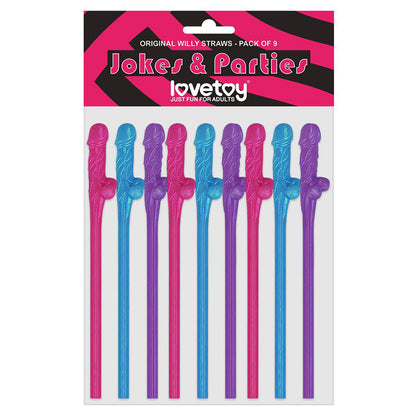 A pack of nine willy straws in blue, pink and purple, ideal for hen and stag nights.