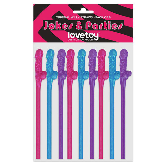 A pack of nine willy straws in blue, pink and purple, ideal for hen and stag nights.